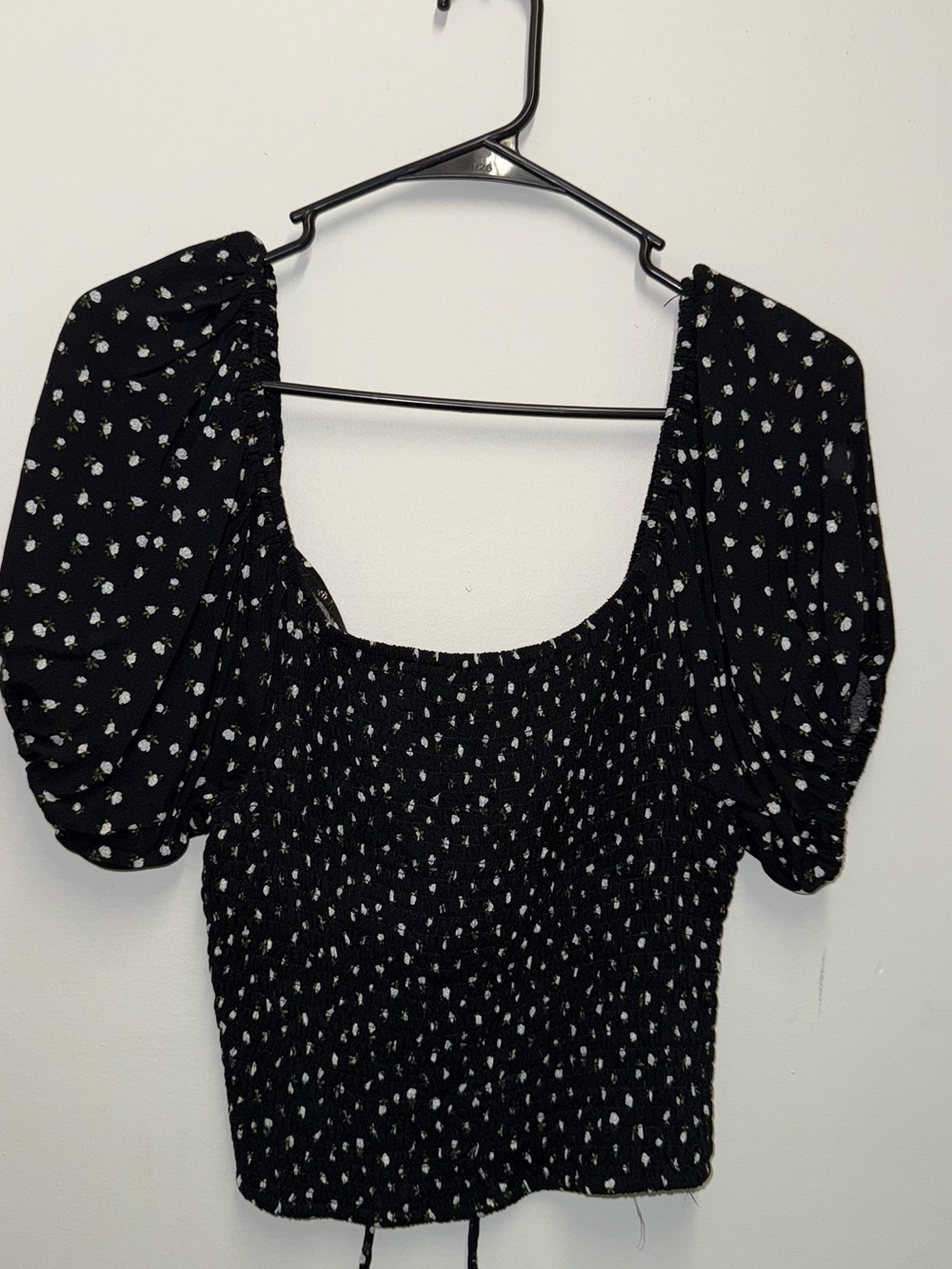 Black Puff Sleeve Smocked Mini Dress with White Dot Print